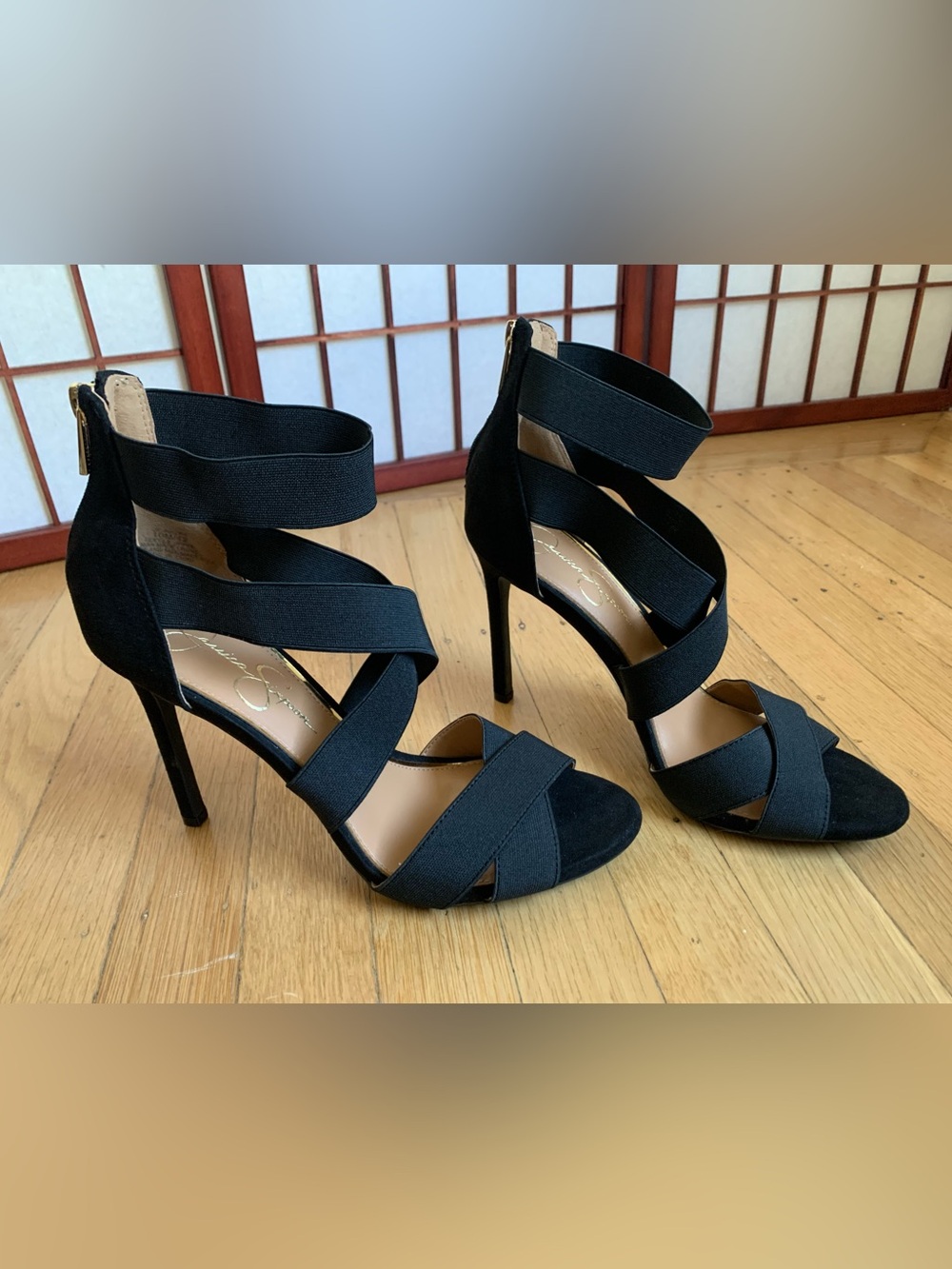 EUC JESSICA SIMPSON JULLRY Black Hi-Heel Back-Zip Elastic-Band Straps Size 10M - Picture 12 of 15